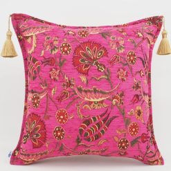 Turkish Chenille Jacquard Decorative Pillow Cover – Mazenda Pink Carnation Pattern – 18x18 Inch – Handmade Tassels – Ottoman Style