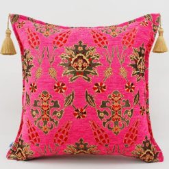 Ottoman Style Velvet Pillow Cover – Mazenda Pink Tulip Pattern – 18x18 Inches – Handmade in Turkey