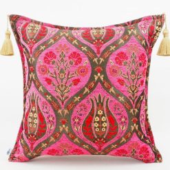 Ottoman Style Decorative Velvet Pillow Cover – Mazenda Pink Tulip Pattern – 18"x18" – Handmade in Turkey